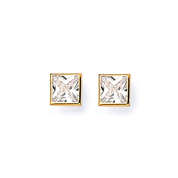 Solitaire Stud Earrings with White CZ in 14K Gold and Screw Backing