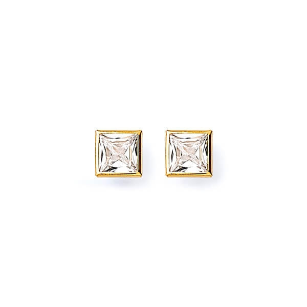 Solitaire Stud Earrings with White CZ in 14K Gold and Screw Backing