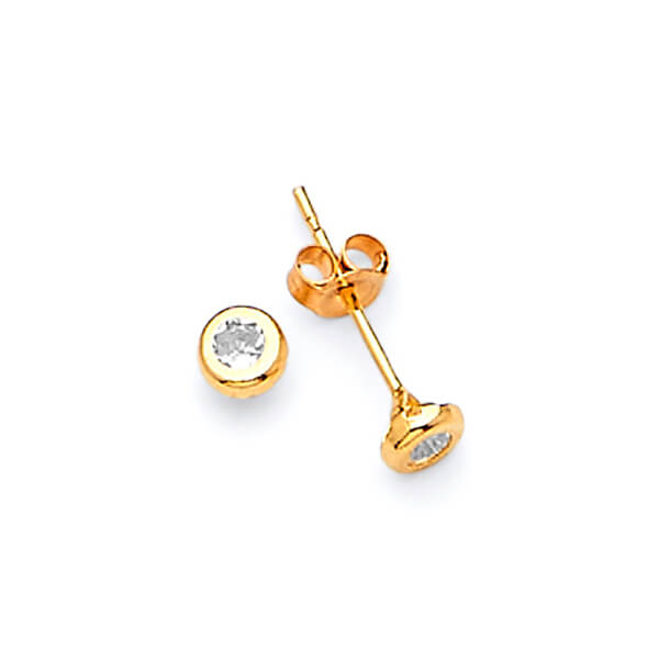 Solitaire Stud Earrings with White CZ in 14K Gold and Butterfly Backing