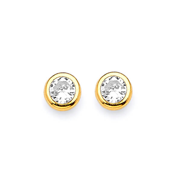 Solitaire Stud Earrings with White CZ in 14K Gold and Butterfly Backing