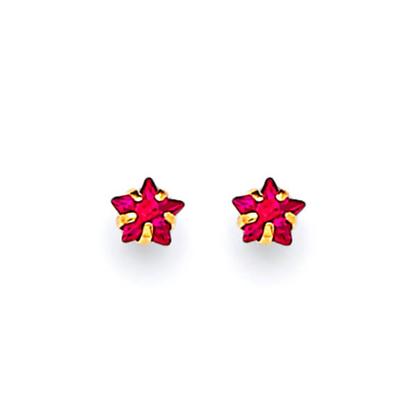 Star Solitaire Stud Earrings with Red CZ in 14K Gold and Butterfly Backing