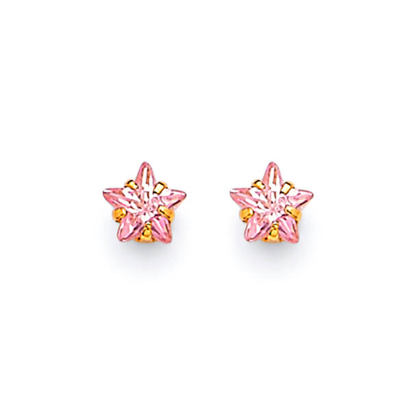Star Solitaire Stud Earrings with Pink CZ in 14K Gold and Screw Backing