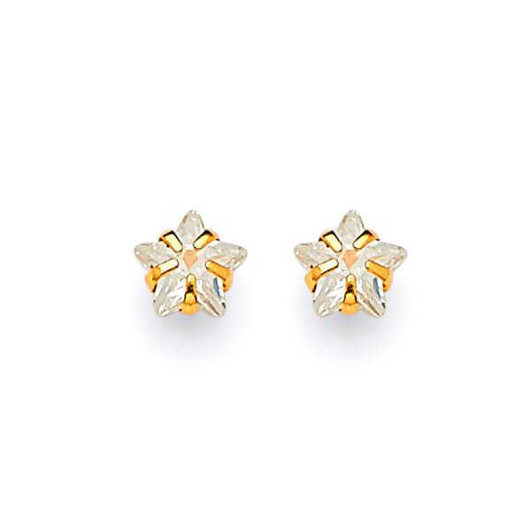 Star Solitaire Stud Earrings with White CZ in 14K Gold and Butterfly Backing