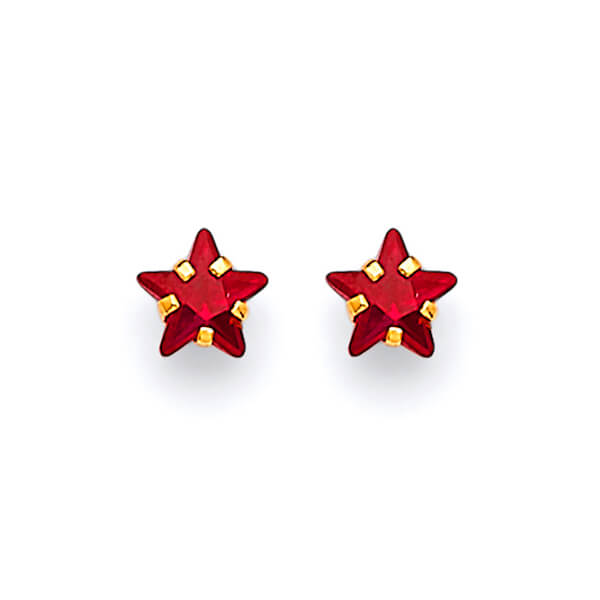 Star Solitaire Stud Earrings with Red CZ in 14K Gold and Butterfly Backing