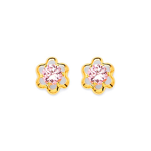 Stud Earrings with Pink CZ in 14K Gold and Butterfly Backing