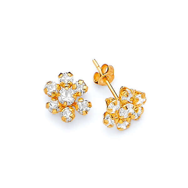 Flower Stud Earrings with White CZ in 14K Gold and Butterfly Backing
