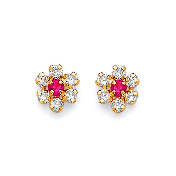 Flower Stud Earrings with Red & White CZ in 14K Gold and Butterfly Backing