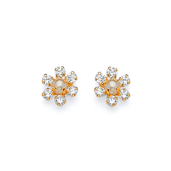 Flower Stud Earrings with White CZ and Pearl in 14K Gold and Butterfly Backing