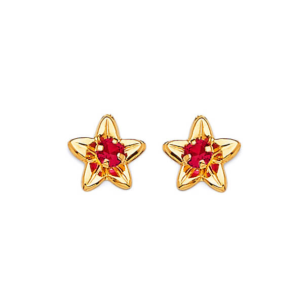 Flower Stud Earrings with Red CZ in 14K Gold and Butterfly Backing