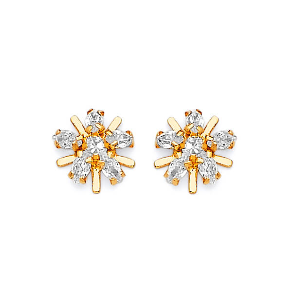 Flower Stud Earrings with White CZ in 14K Gold and Screw Backing
