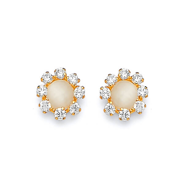Flower Stud Earrings with White CZ and Pearl in 14K Gold and Screw Backing