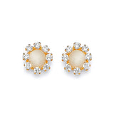 Flower Stud Earrings with White CZ and Pearl in 14K Gold and Screw Backing