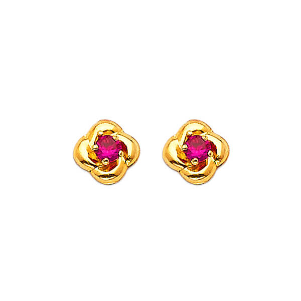 Stud Earrings with Red CZ in 14K Gold and Butterfly Backing