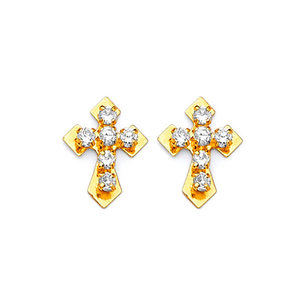 Cross Stud Earrings with White CZ in 14K Gold and Butterfly Backing