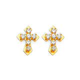 Cross Stud Earrings with White CZ in 14K Gold and Butterfly Backing