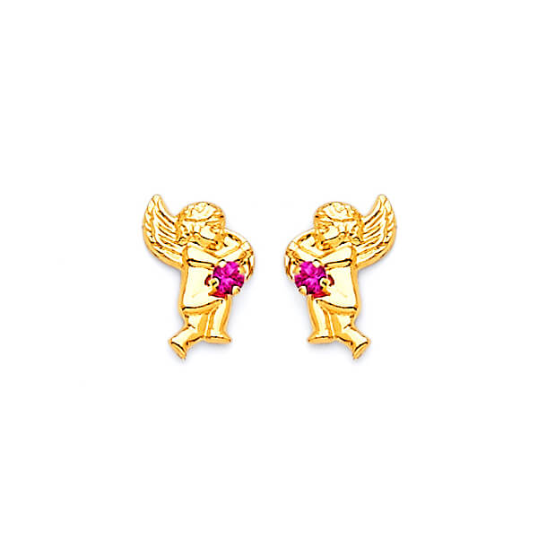 Cupid Stud Earrings with Red CZ in 14K Gold and Butterfly Backing