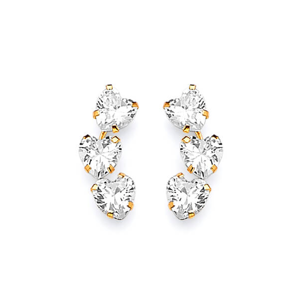 Heart Crawler Stud Earrings with White CZ in 14K Gold and Butterfly Backing