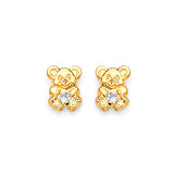 Bear Stud Earrings with White CZ in 14K Gold and Butterfly Backing