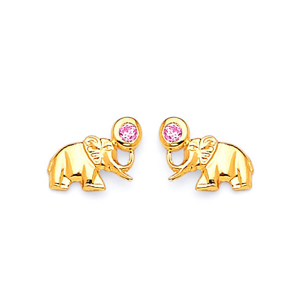 Elephant Stud Earrings with Pink CZ in 14K Gold and Butterfly Backing