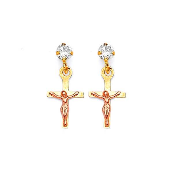 Crucifix Dangling Earrings with White CZ in 14K Two-Tone Gold and Screw Backing