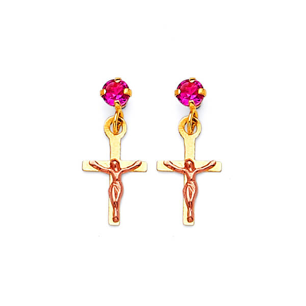 Crucifix Dangling Earrings with Red CZ in 14K Two-Tone Gold and Screw Backing