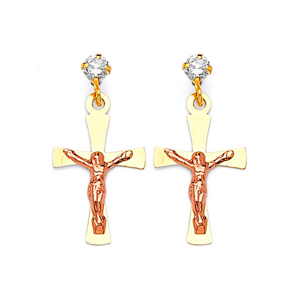 Crucifix Dangling Earrings with White CZ in 14K Two-Tone Gold and Butterfly Backing