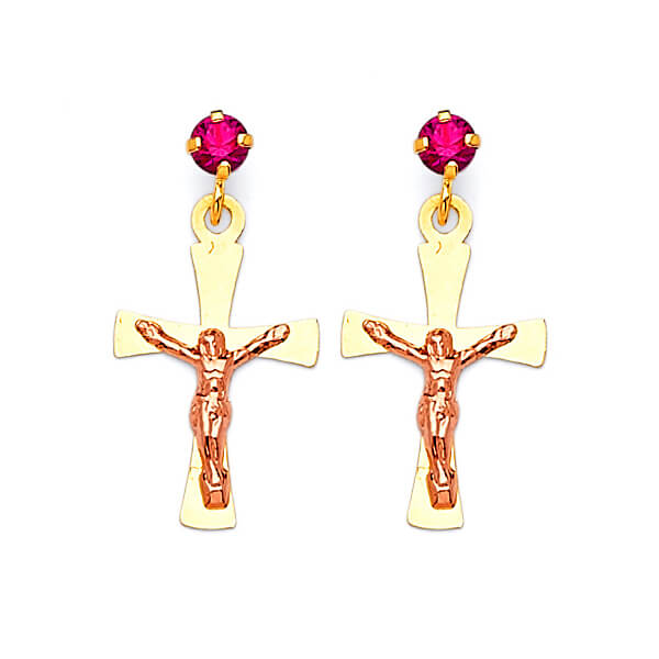 Crucifix Dangling Earrings with Red CZ in 14K Two-Tone Gold and Butterfly Backing
