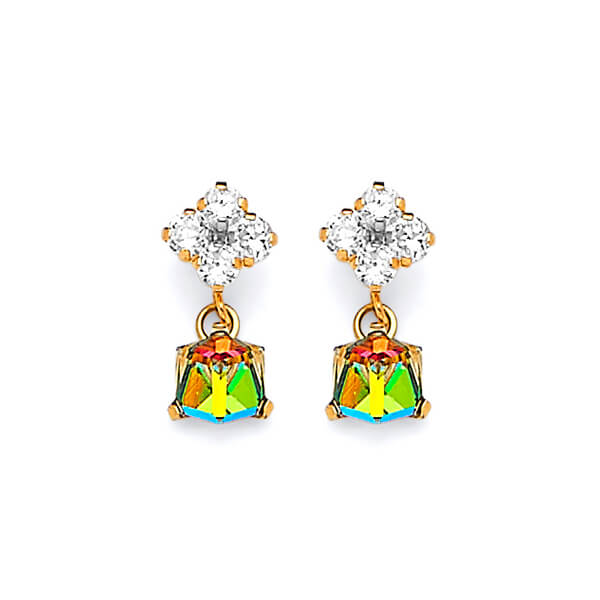 Dangling Earrings with White CZ and Moon Stone in 14K Gold and Butterfly Backing