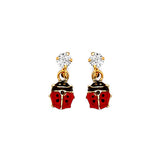 Lady Bug Stud Earrings with White CZ and Enamel in 14K Gold and Butterfly Backing