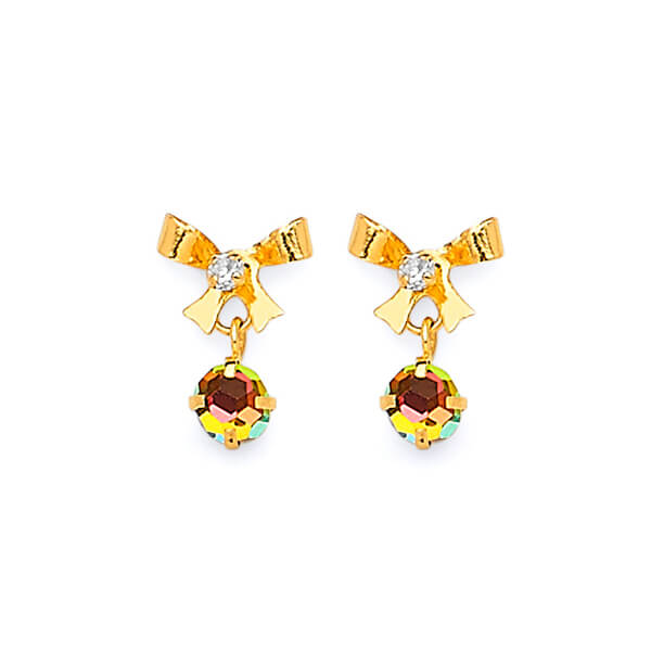 Dangling Earrings with White CZ and Moon Stone in 14K Gold and Butterfly Backing