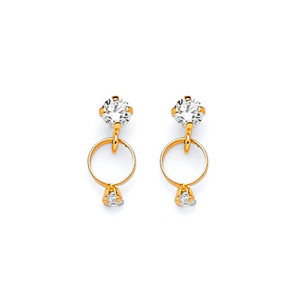 Dangling Earrings with White CZ in 14K Gold and Screw Backing