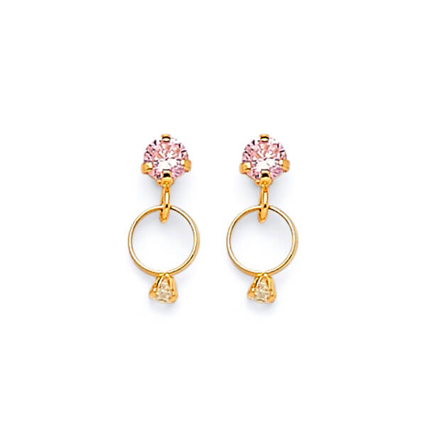 Dangling Earrings with Pink CZ in 14K Gold and Screw Backing