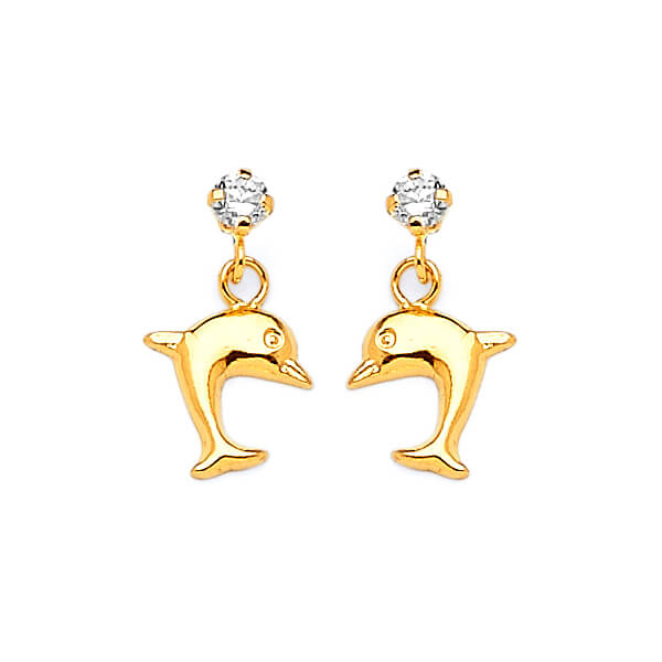 Dolphin Dangling Earrings with White CZ in 14K Gold and Butterfly Backing