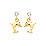 Dolphin Dangling Earrings with White CZ in 14K Gold and Butterfly Backing