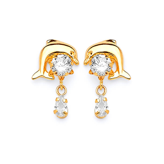 Dolphin Dangling Earrings with White CZ in 14K Gold and Butterfly Backing