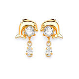 Dolphin Dangling Earrings with White CZ in 14K Gold and Butterfly Backing