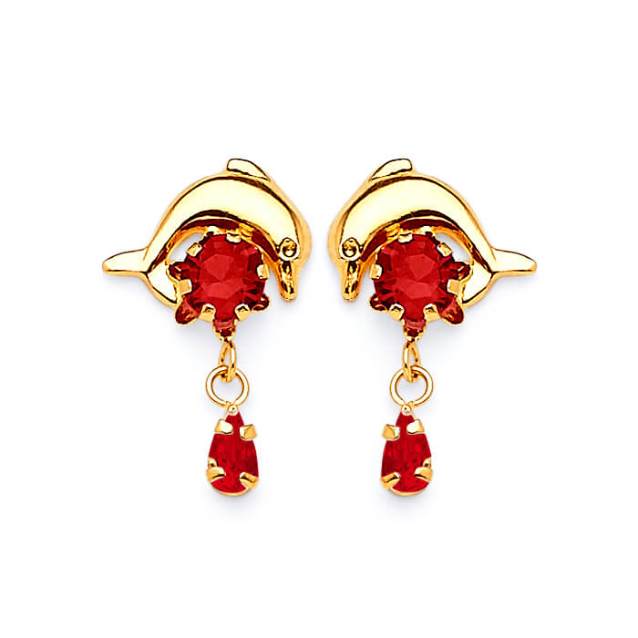 Dolphin Dangling Earrings with Red CZ in 14K Gold and Butterfly Backing