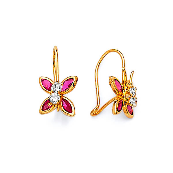 Butterfly Hoop Earrings with Red & White CZ in 14K Gold