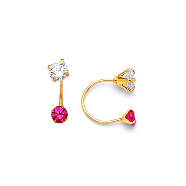 Telephone Stud Earrings with Red & White CZ in 14K Gold and Screw Backing