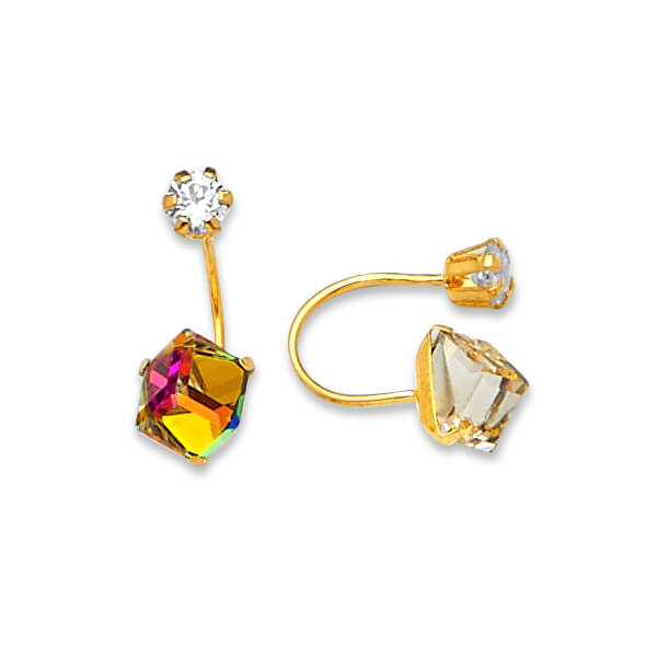 Telephone Stud Earrings with White CZ and Moon Stone in 14K Gold and Screw Backing