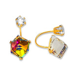 Telephone Stud Earrings with White CZ and Moon Stone in 14K Gold and Screw Backing