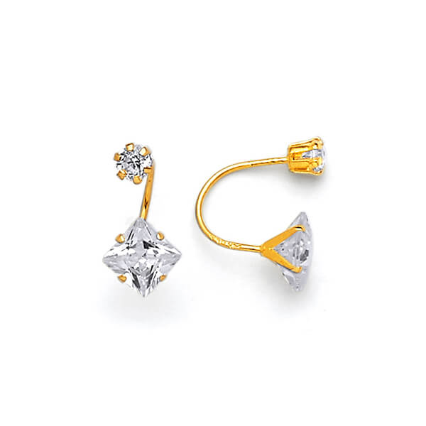 Telephone Stud Earrings with White CZ in 14K Gold and Screw Backing