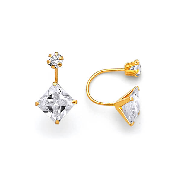 Telephone Stud Earrings with White CZ in 14K Gold and Screw Backing