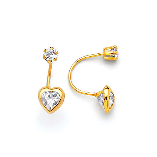 Heart Telephone Stud Earrings with White CZ in 14K Gold and Screw Backing