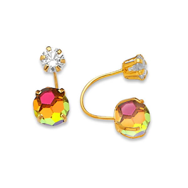 Telephone Stud Earrings with White CZ and Moon Stone in 14K Gold and Screw Backing