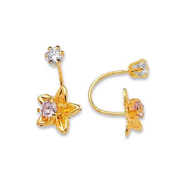 Telephone Stud Earrings with White CZ in 14K Gold and Screw Backing
