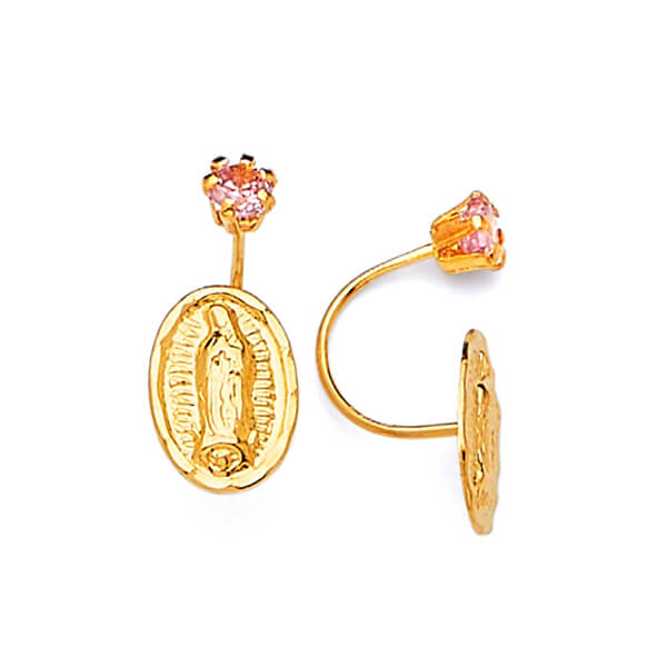 Guadalupe Telephone Stud Earrings with Pink CZ in 14K Gold and Screw Backing