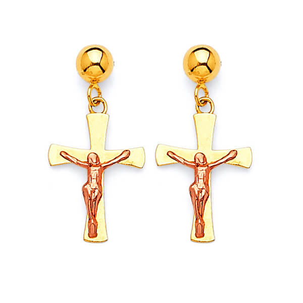 Crucifix Dangling Earrings in 14K Two-Tone Gold and Butterfly Backing