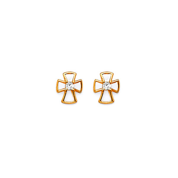 Cross Stud Earrings with White CZ in 14K Gold and Screw Backing