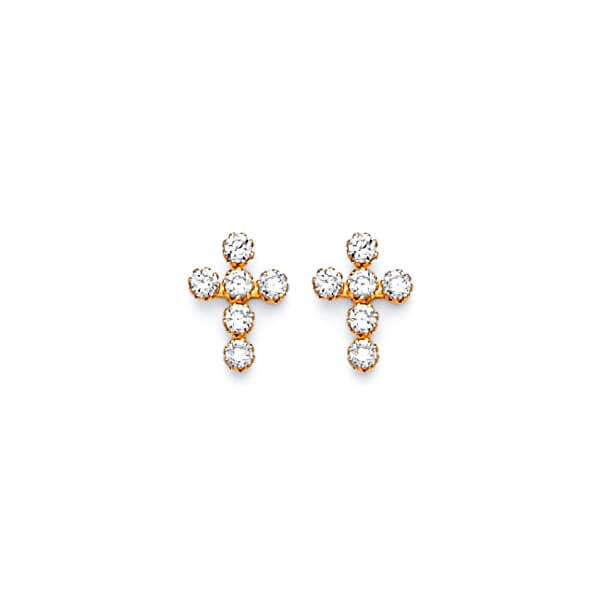 Cross Stud Earrings with White CZ in 14K Gold and Screw Backing